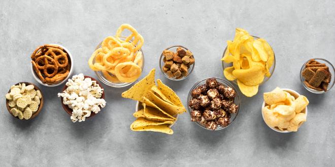 bowls of carb-heavy snacks