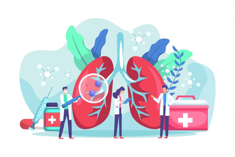 An illustration of doctors and scientists examining lung health.